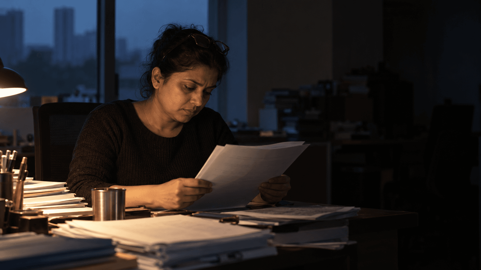 A hiring manager reading a printed evaluation record at her desk